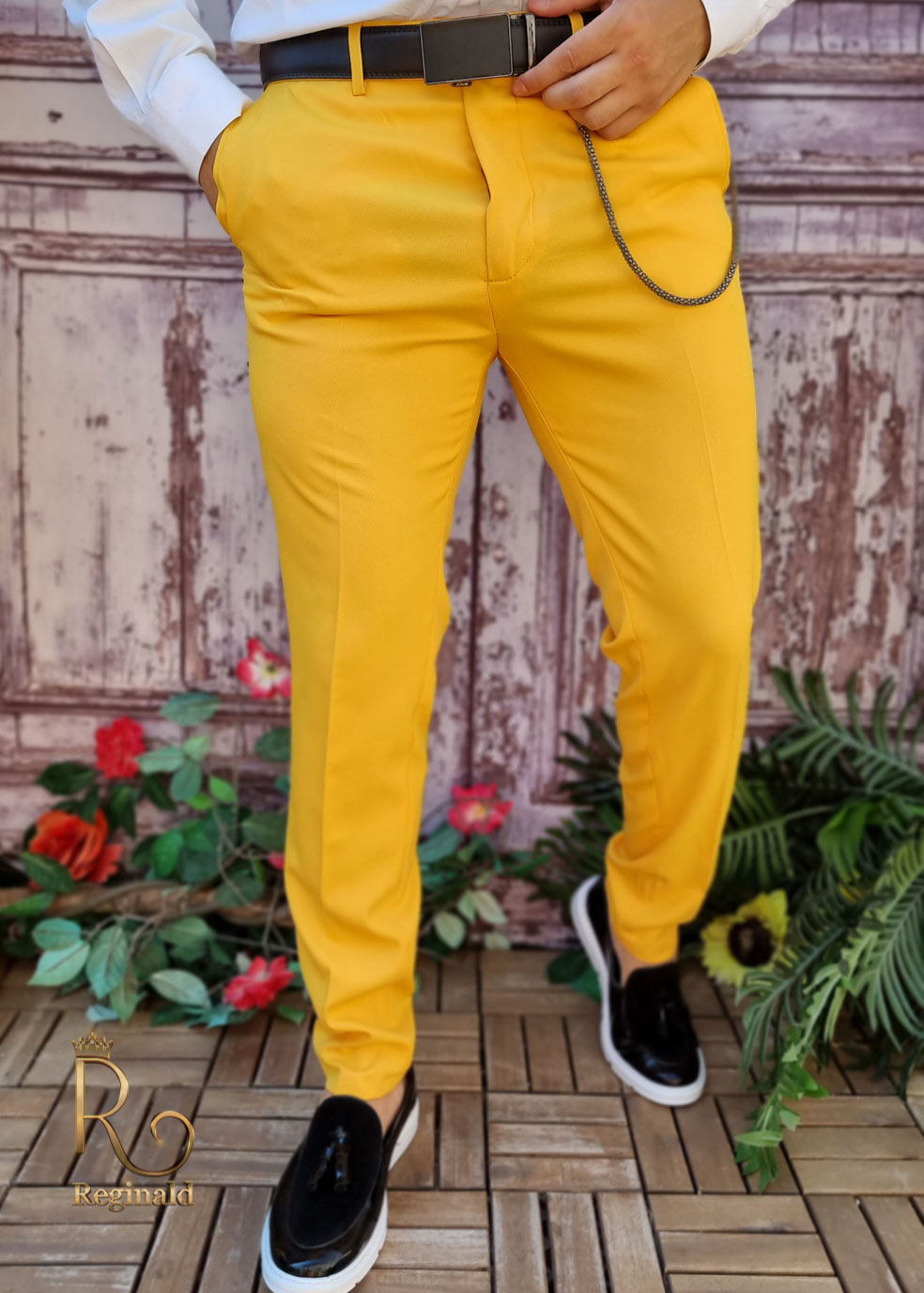 Men's Yellow Casual Slim Fit Tapered Chain Pants – PN707