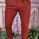 Burgundy Men's Trousers, Casual Slim Fit, Tapered with Chain – PN701