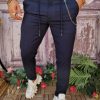 Pantaloni casual Slim-Fit, Bleumarin, cu șnur si lanț - PNT207