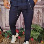Pantaloni casual Slim-Fit, Bleumarin, cu șnur si lanț - PNT207