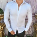 Cămașă de bărbați, Slim Fit, Alba cu nasturi ascunși - CR79