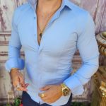 Cămașă de bărbați, Slim Fit, Bleu cu nasturi ascunși - CR80