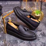 Mocasini casual de bărbați, Piele neagra eco, cu talpa înaltă – AD461