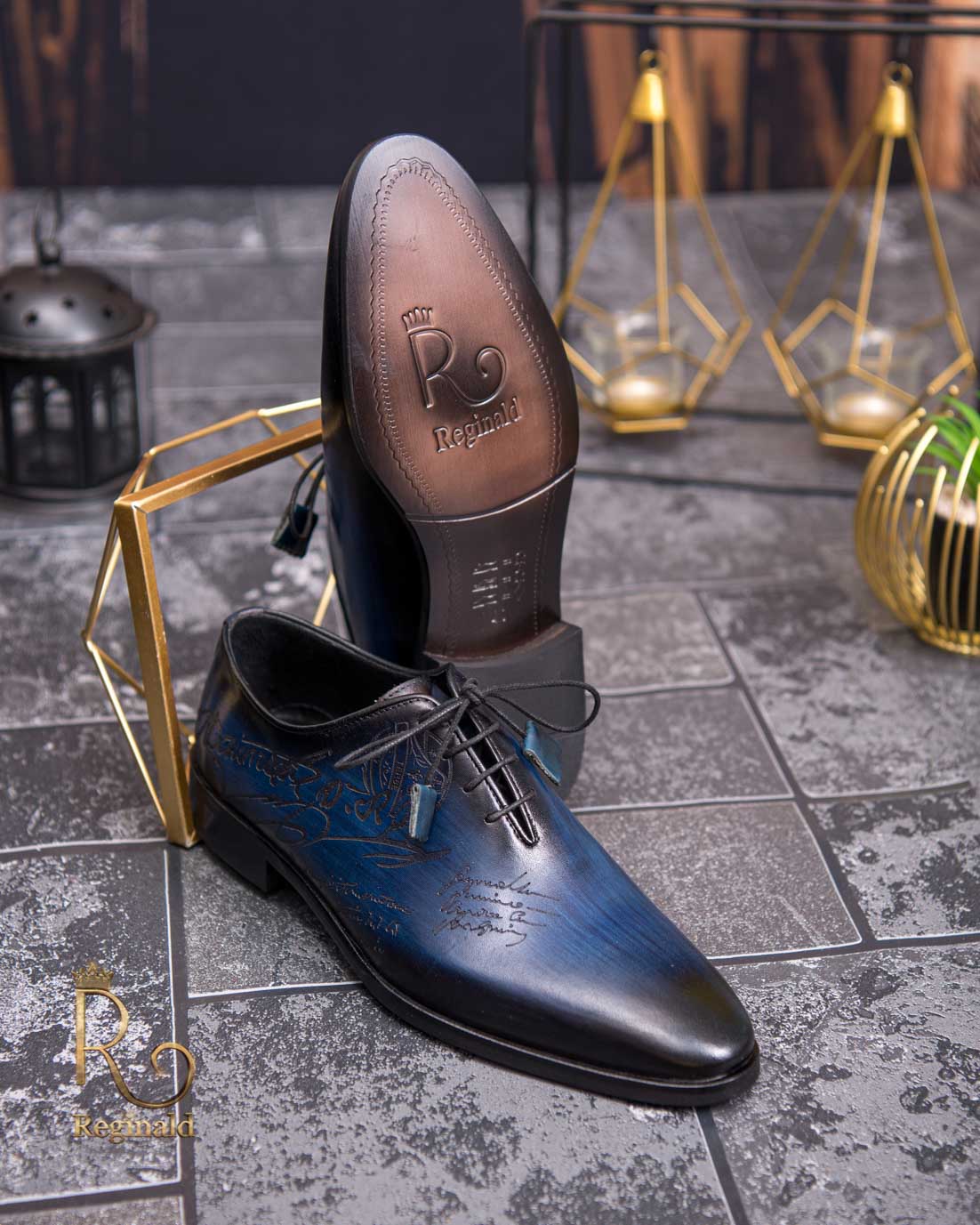 Pantofi eleganți de bărbați din piele naturala, Albastru gravat - P1575