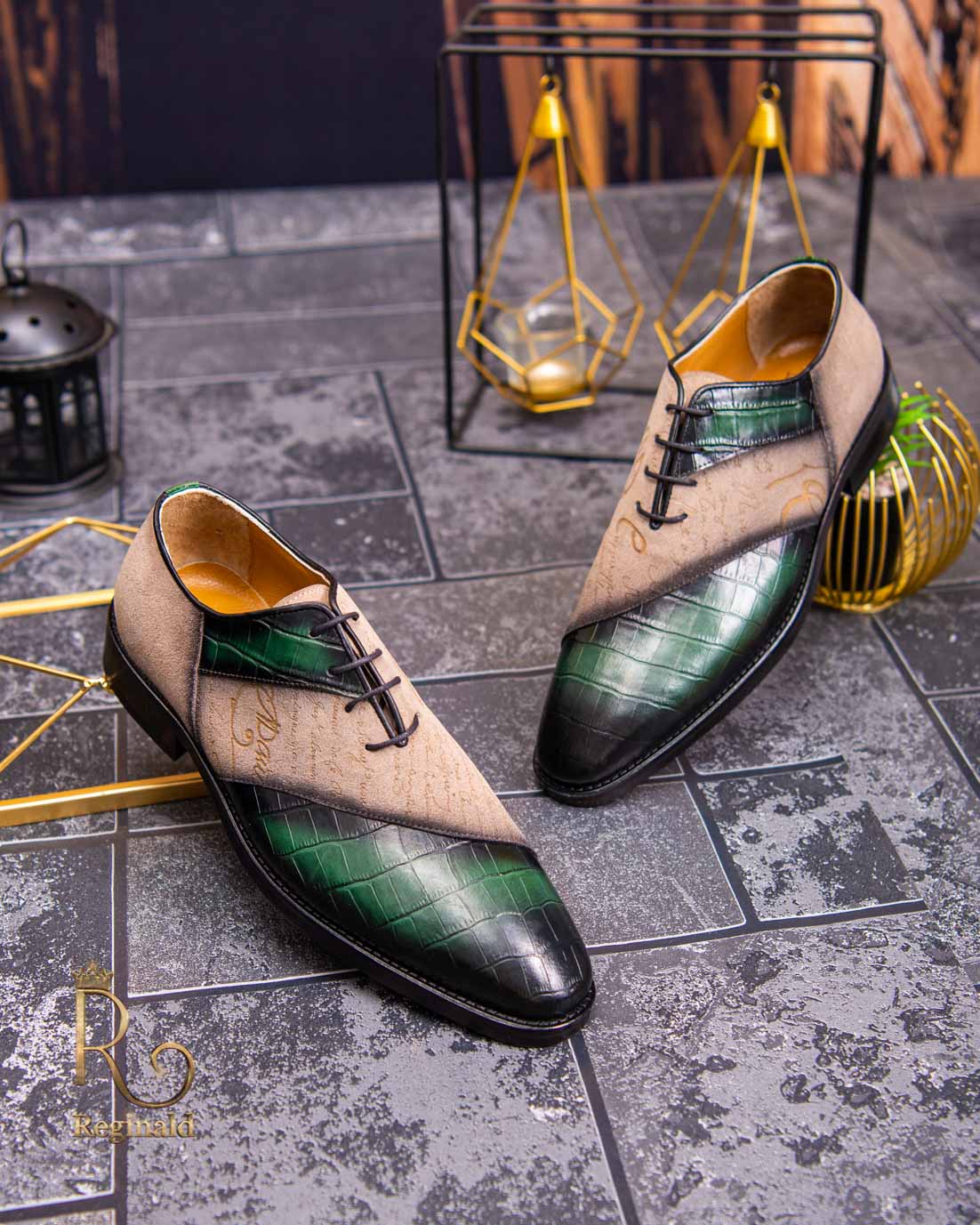 Pantofi eleganți de bărbați din piele naturala, Verde/Bej - P1587