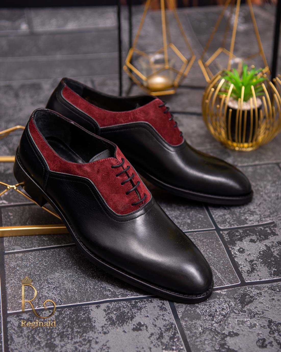 Pantofi eleganți de bărbați din piele naturala, Negru cu bordo - P1612
