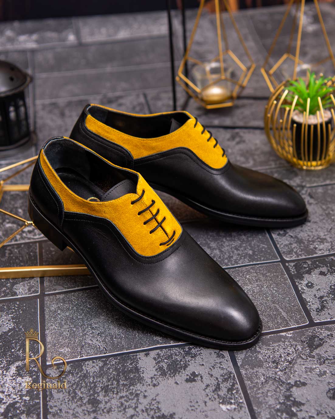 Pantofi eleganți de bărbați din piele naturala, Negru cu galben - P1610
