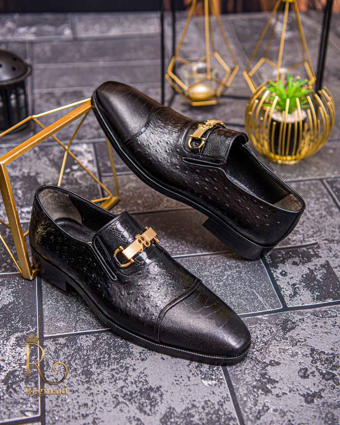 Pantofi Loafers de bărbați din piele naturala, Negru cu model - P1618