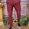 Pantaloni eleganți, Bordo in carouri albastre, conici si elastici - PN719