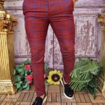 Pantaloni eleganți, Bordo in carouri albastre, conici si elastici - PN719