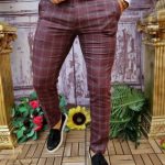 Pantaloni eleganți, Bordo in carouri, conici si elastici - PN720