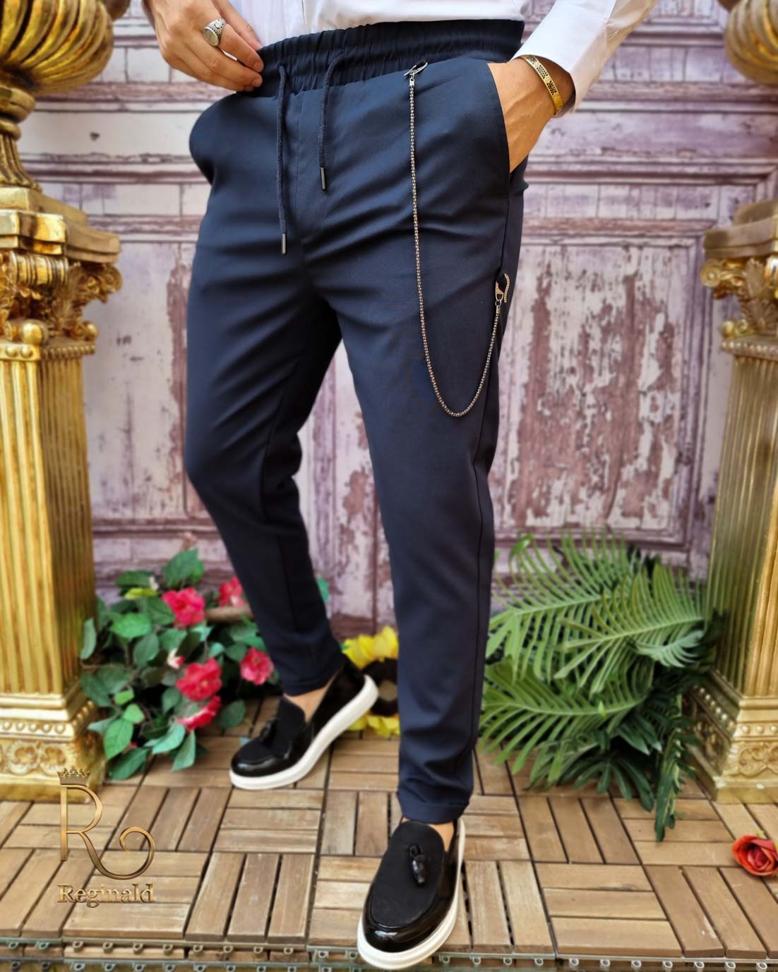 Pantaloni casual Slim-Fit, Bleumarin, cu șnur si lanț - PNT213