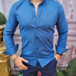 Blue men's shirt, button-down collar - CR110