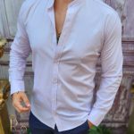 Men's textured pink shirt, mandarin collar - CR95
