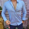 Cămașă bleu texturat de bărbați, guler tunica - CR94