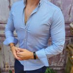 Camicia da uomo blu, con colletto, testurizzata - CR91