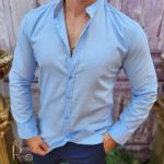 Men's pale blue textured Mandarin collar shirt - CR89