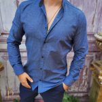 Men's navy blue textured mandarin collar shirt - CR88