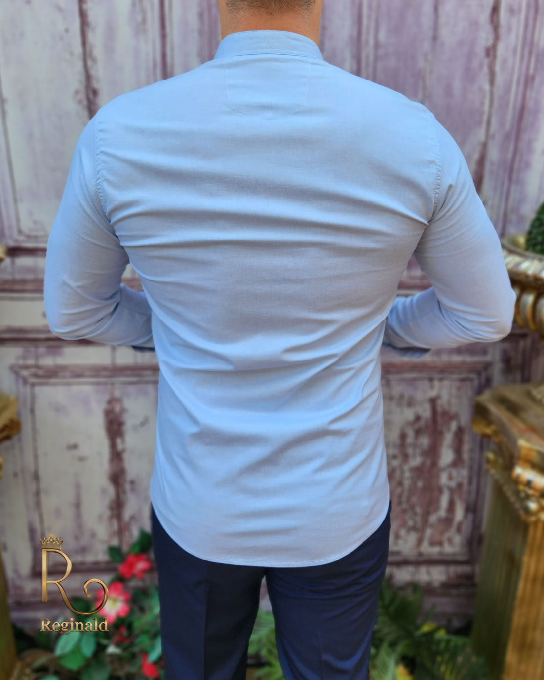 Cămașă bleu de bărbați, guler tunica, textura in - CR87 - imagine 5