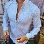 Cămașă alba cu model, de bărbați, guler cu nasturi - CR116