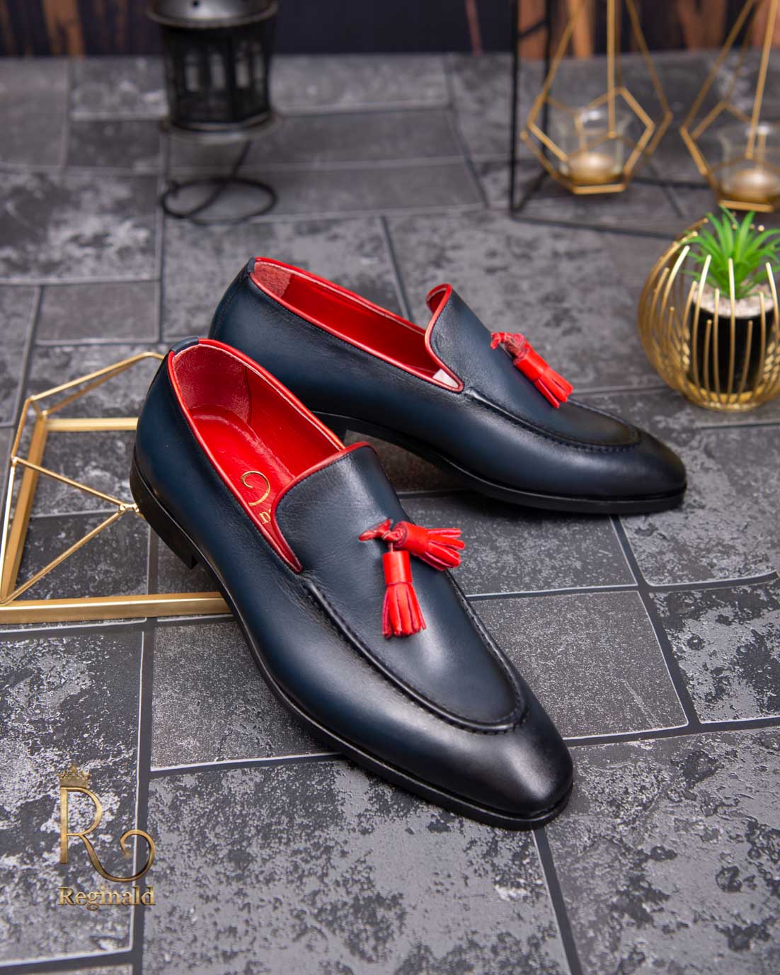 Pantofi Loafers de bărbați din piele naturala, bleumarin cu rosu - P1628