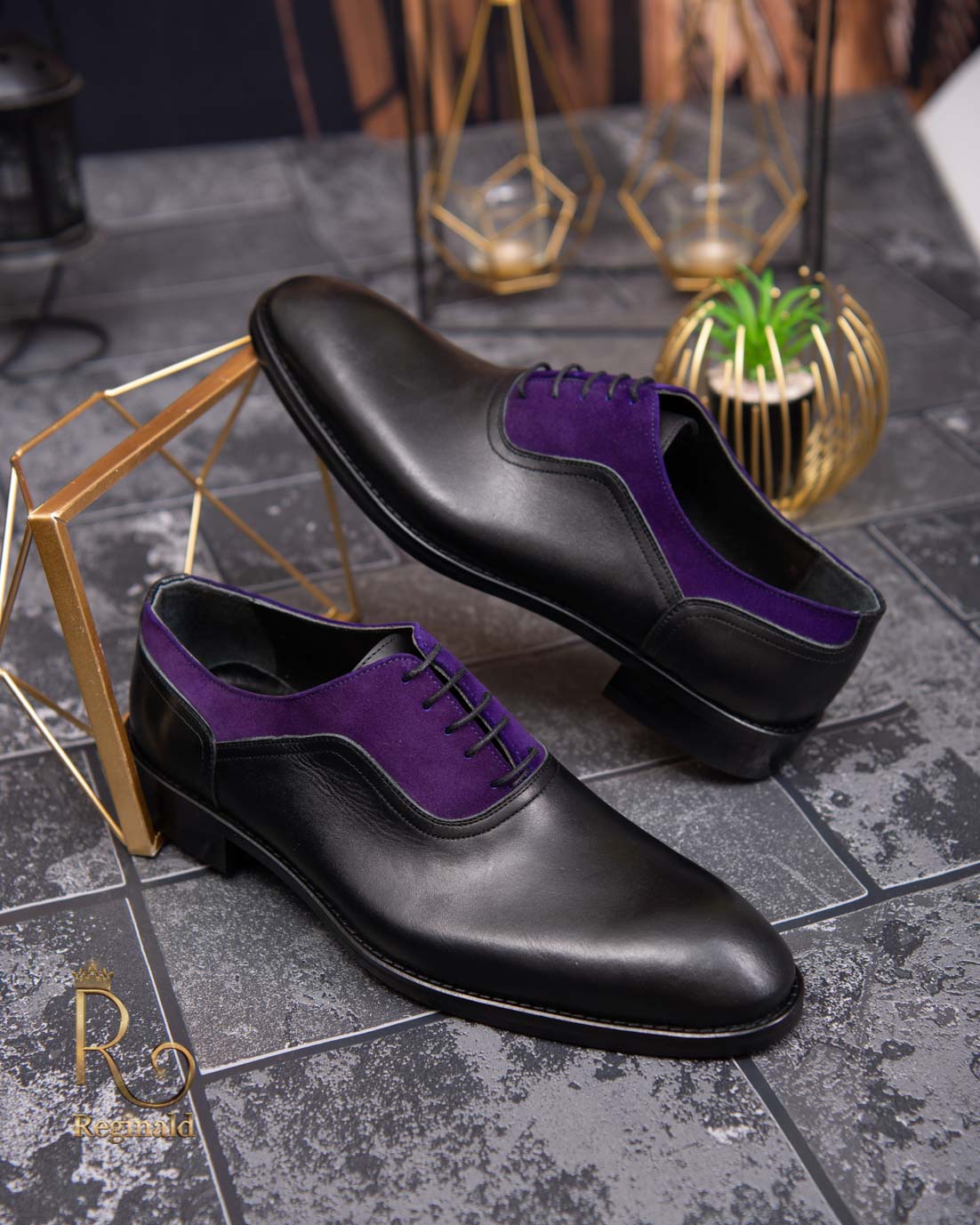 Pantofi eleganți de bărbați din piele naturala, negru cu mov - P1625