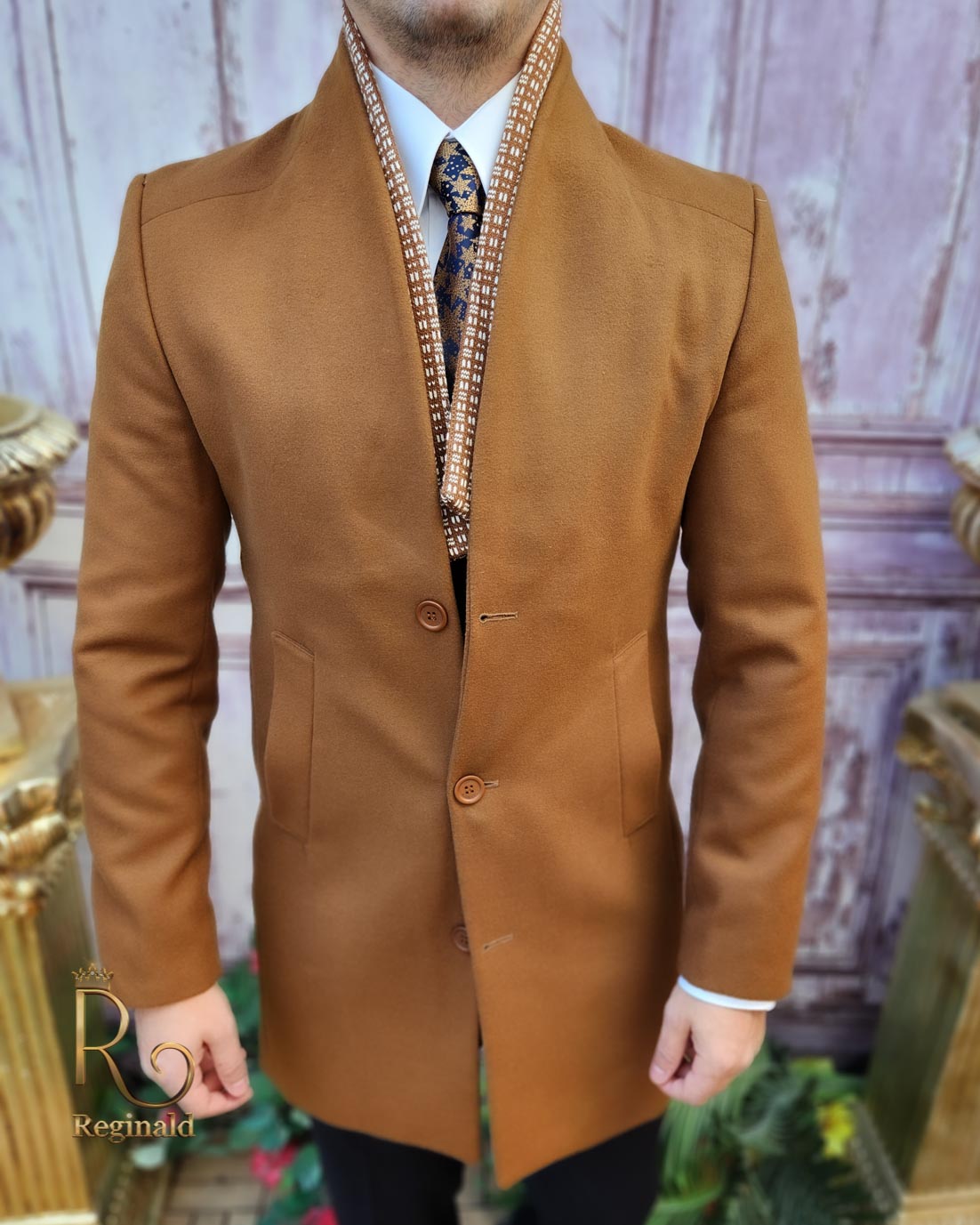 Palton de bărbați, Slim Fit, Maro cu guler textil - PT455