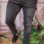 Jean pour homme, gris avec une bande jaune, coupe slim, denim haut de gamme - BG912