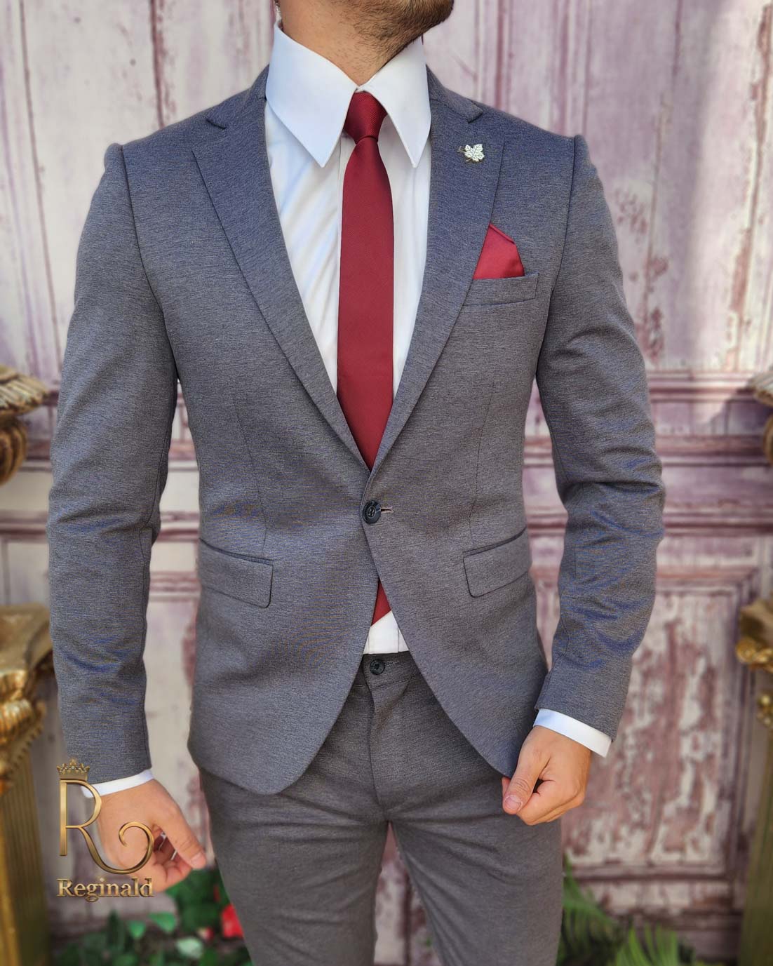 Costum gri de bărbați, Slim Fit, Sacou si Pantalon - C3941 - imagine 2