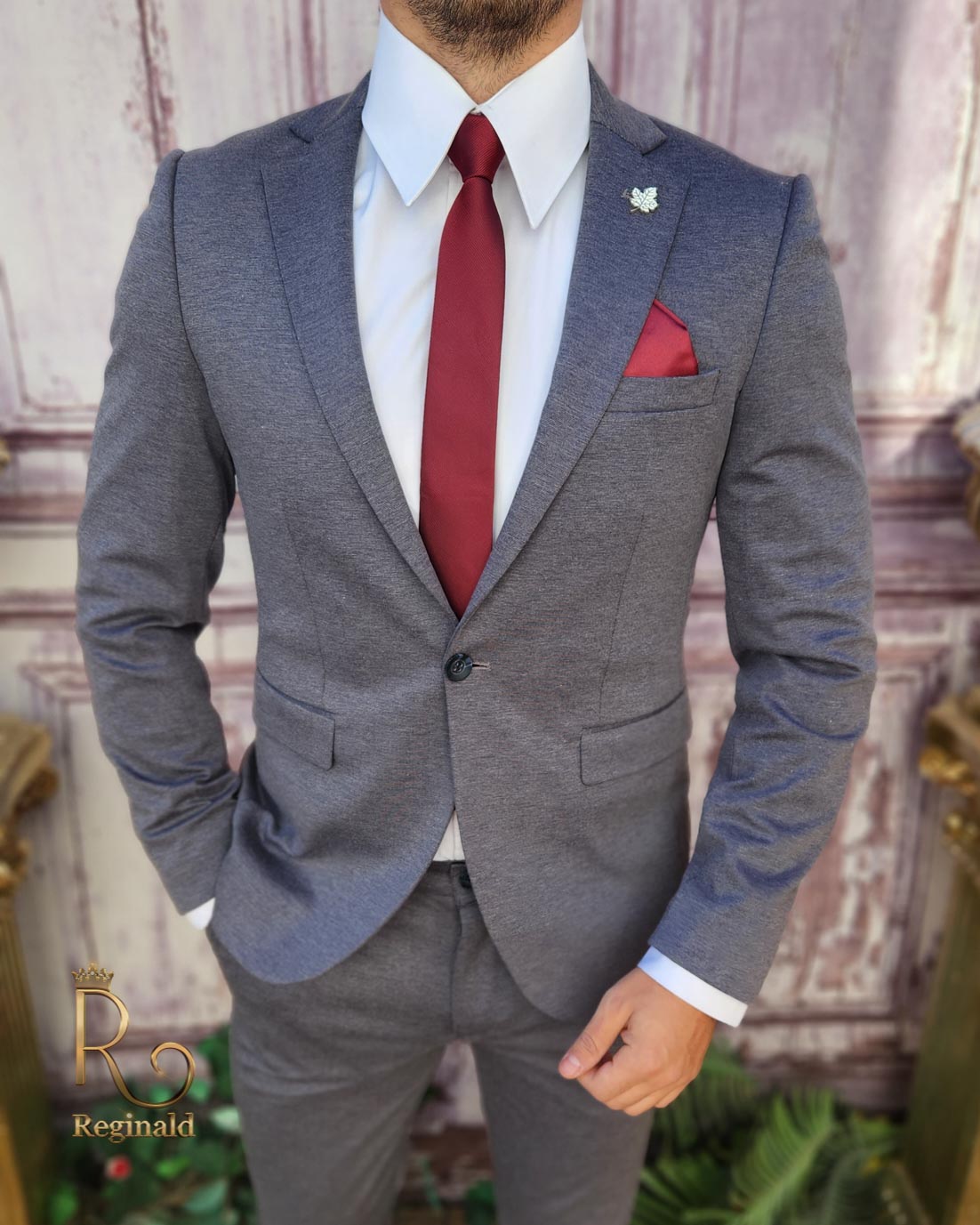 Costum gri de bărbați, Slim Fit, Sacou si Pantalon - C3941 - imagine 3