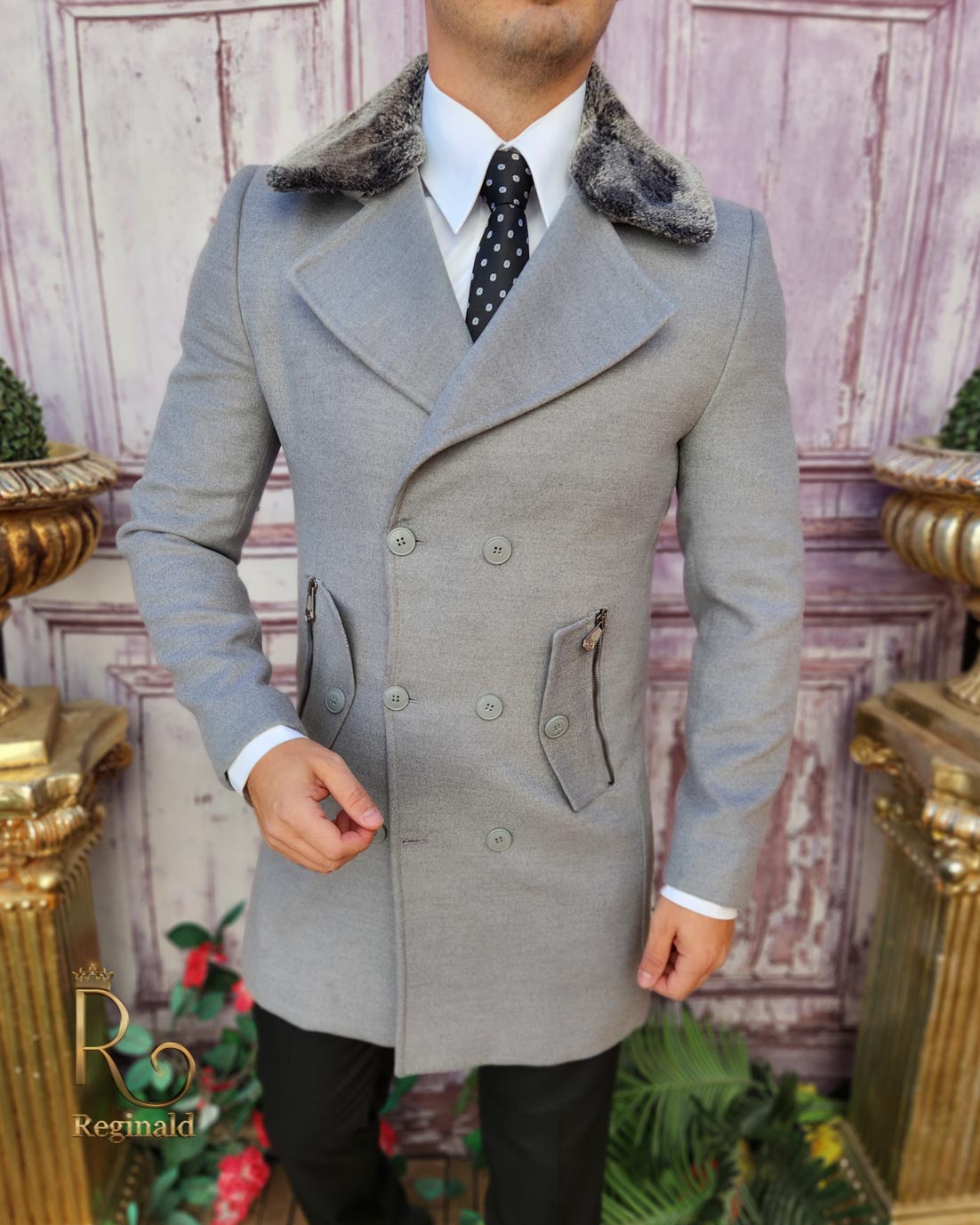 Palton de bărbați, Slim Fit, Gri cu guler detașabil de blana - PT446
