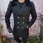 Palton cu butoni aurii, Slim-Fit, Negru, Guler de blana - PT464