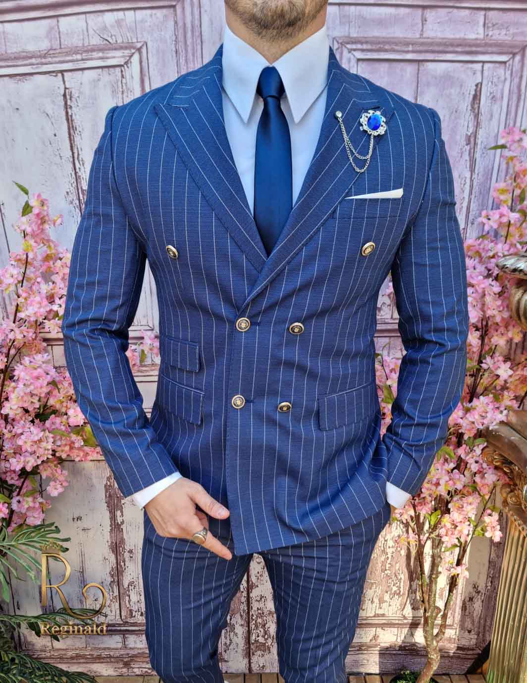 Bleg marineblå jakkesæt, dobbeltradet, jakke og bukser C4023