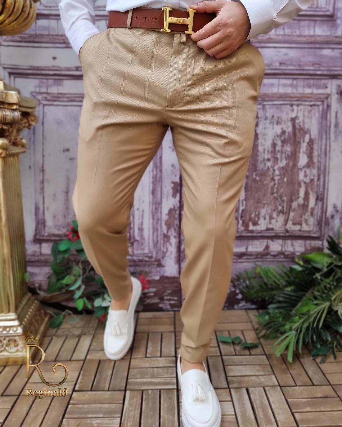 Pantaloni eleganți de bărbați, Bej, Slim Fit - PN729