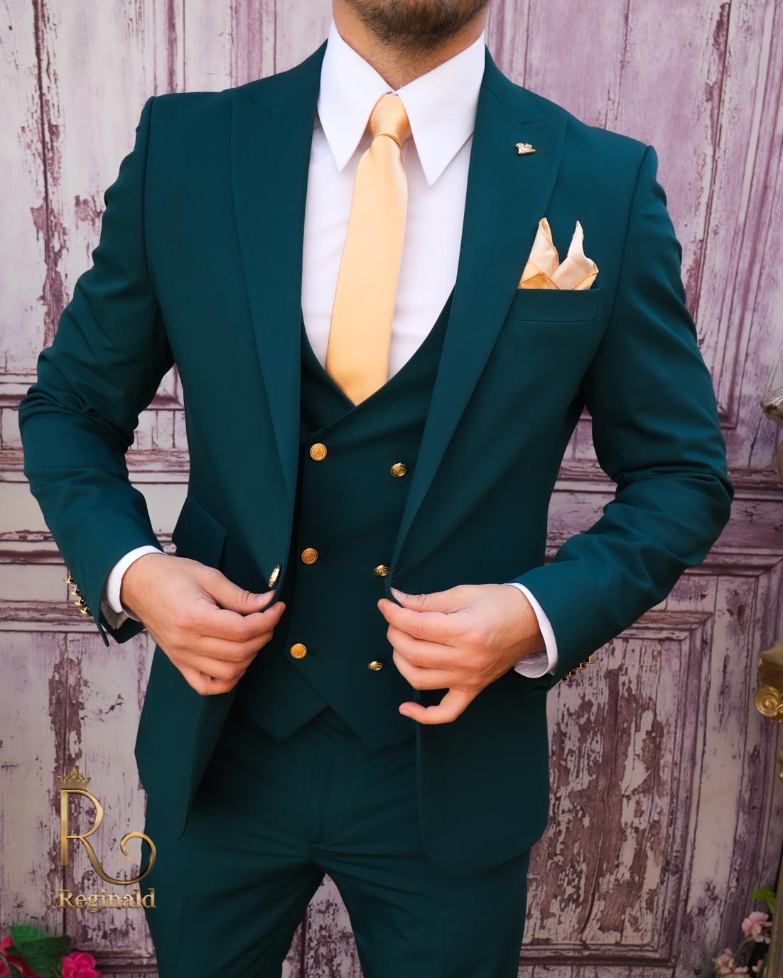 Costum elegant de barbati, Verde cu butoni aurii, Sacou, Vesta si Pantalon - C4005