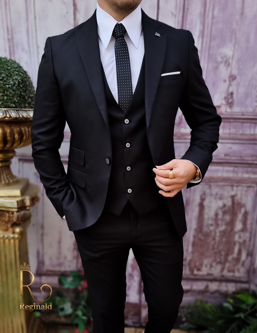 Elegant pak voor heren, zwart, jas, vest en broek C4010