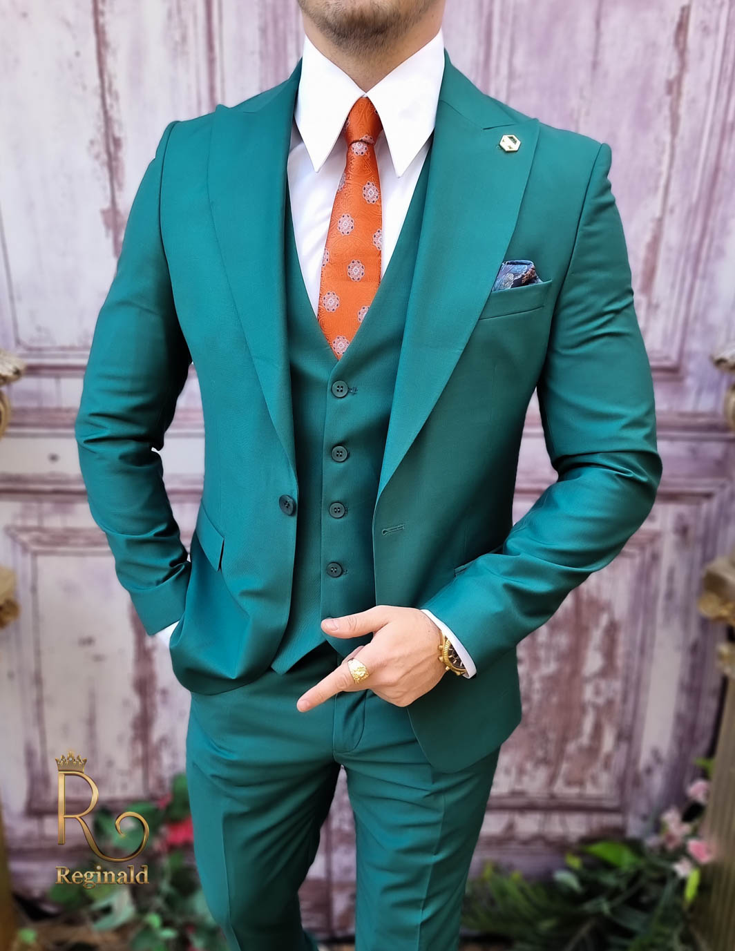 fjende Madison vare Elegant jakkesæt til mænd, grøn, jakke, vest og bukser - C4011