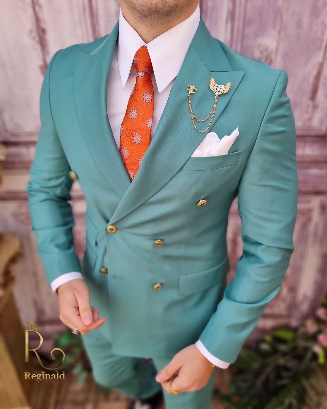 Costum verde opal, Double Breasted, Sacou si Pantalon, 70% lână - C4008