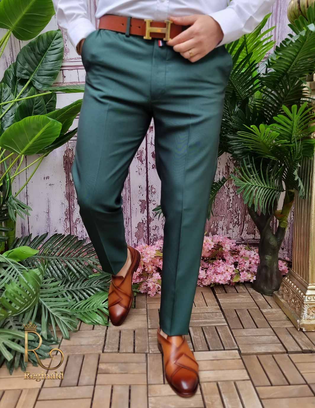 Pantaloni eleganti verde, talie elastica, croiala slim - PN735