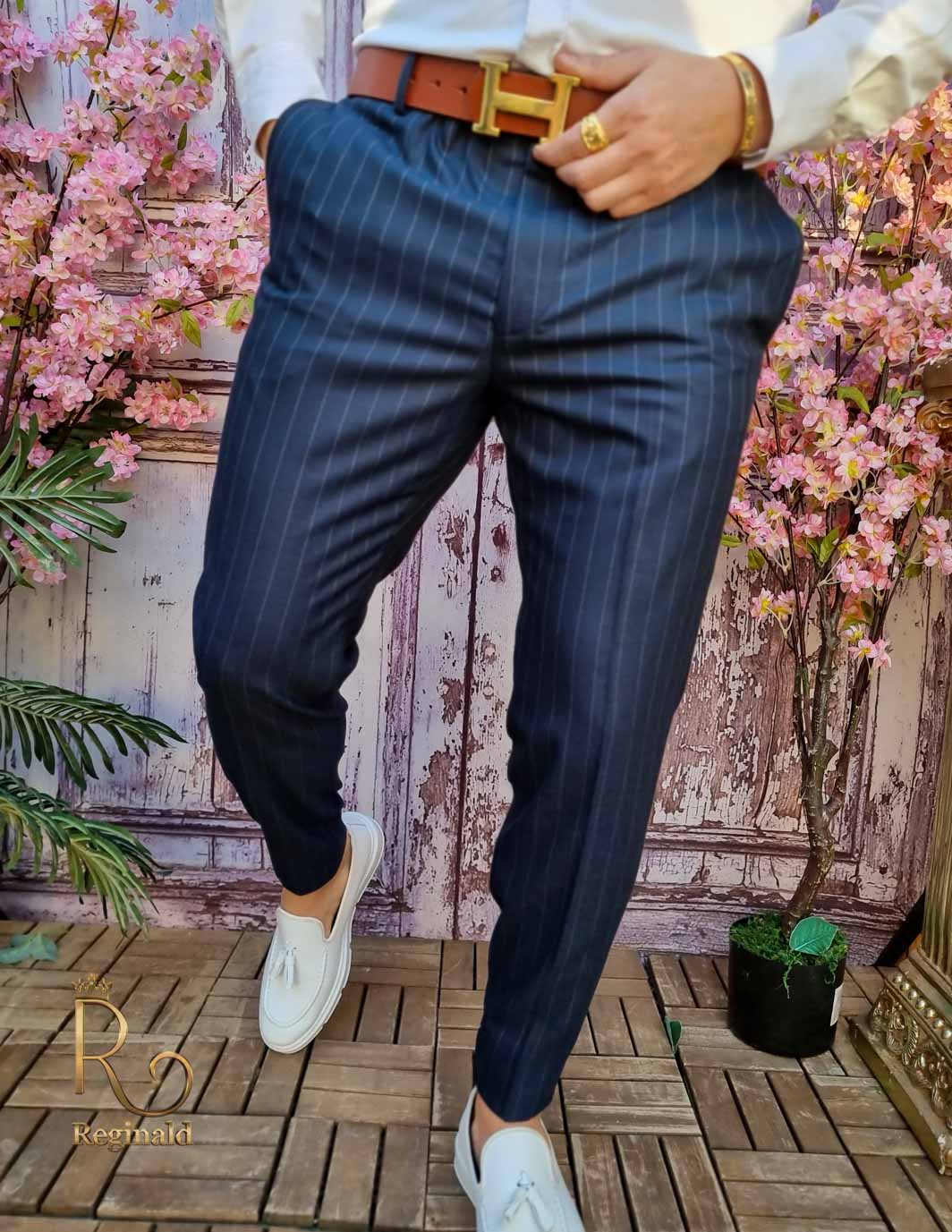 Elegant slim-fit trousers, MARINE BLUE with STRIPES - PN731