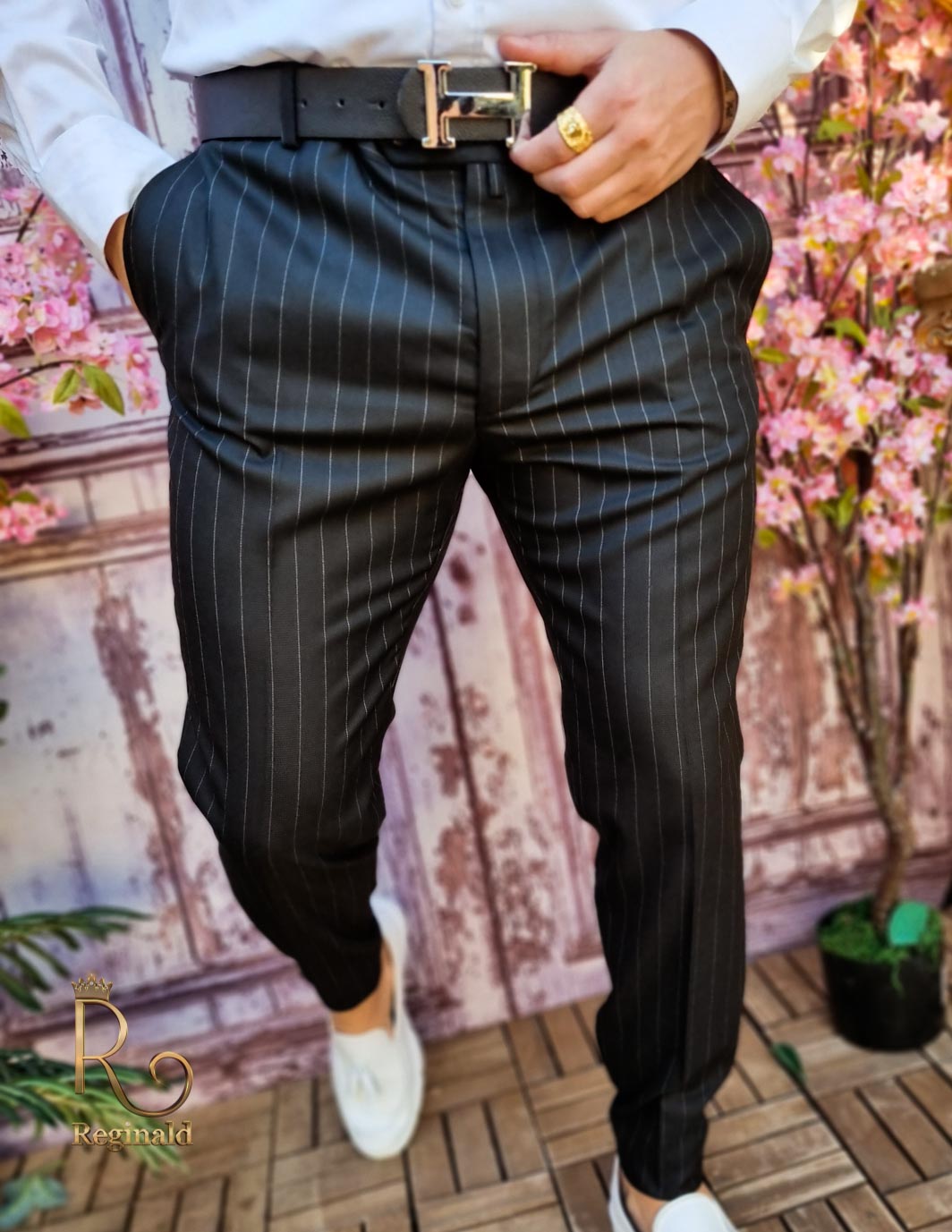 Pantaloni elegantI Slim-Fit, NEGRU cu DUNGI - PN730