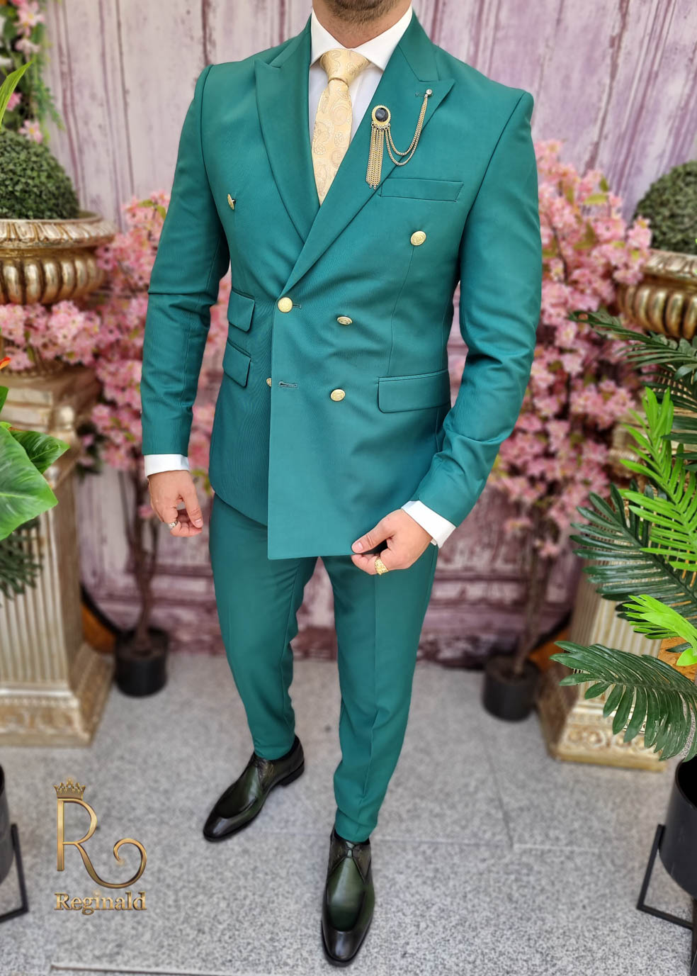 Costum de barbati elegant verde cu nasturi aurii: Sacou si Pantalon - C4077