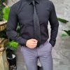 Cămașă neagra de bărbați, Slim Fit, cu butoni- CR133