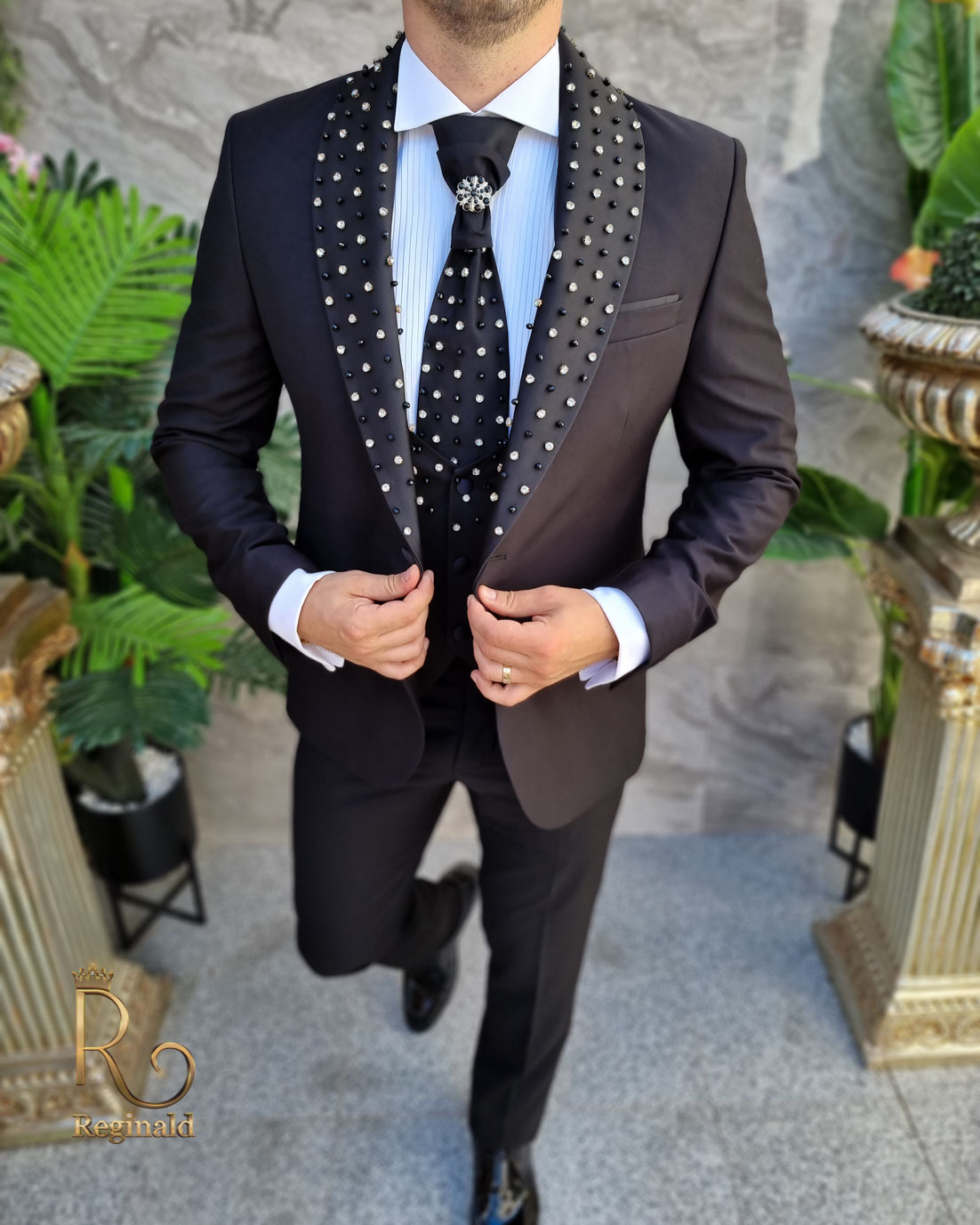 Costum negru de ceremonie cu pietre stralucitoare - C4167 - imagine 2