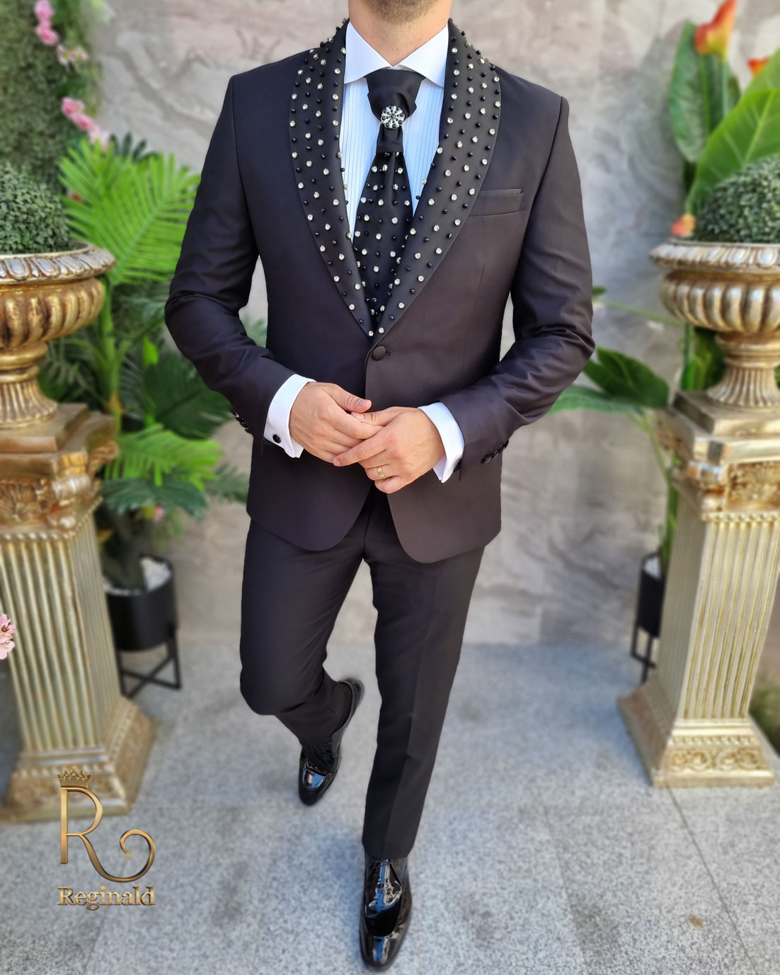 Costum negru de ceremonie cu pietre stralucitoare - C4167 - imagine 3