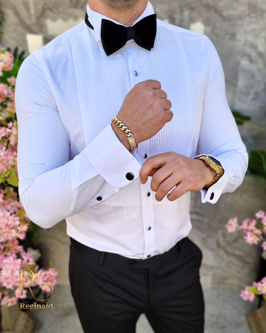Camisa blanca formal con botones y cuello de pajarita para hombre - CR132