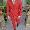 Costum rosu corai Double Breasted Sacou si  Pantalon- C4149