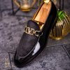 Pantofi Loafers de barbati din piele naturala, negri cu catifea  - P1712