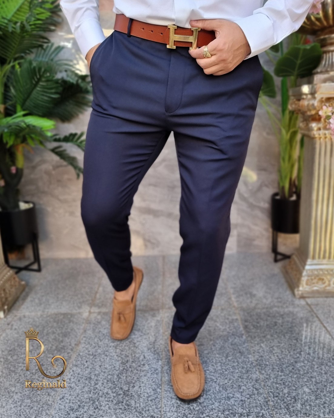 Pantaloni Bleumarin de bărbați, Casual Slim Fit, Conici cu lanț – PN705