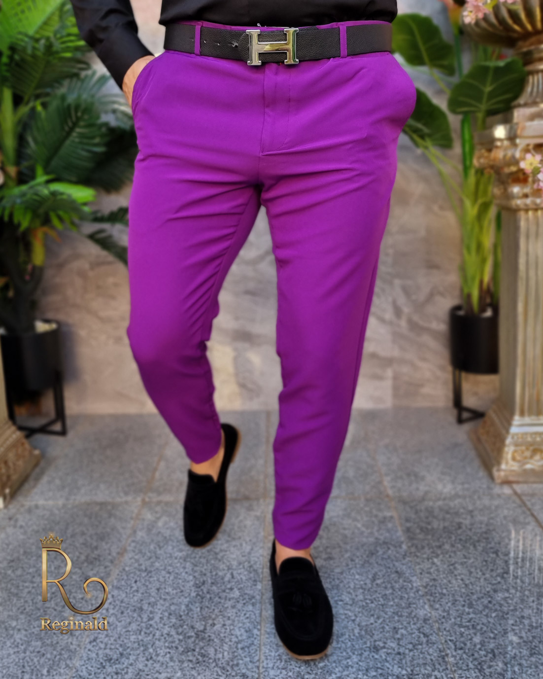 Pantaloni Mov de bărbați, Casual Slim Fit, Conici cu lanț – PN712